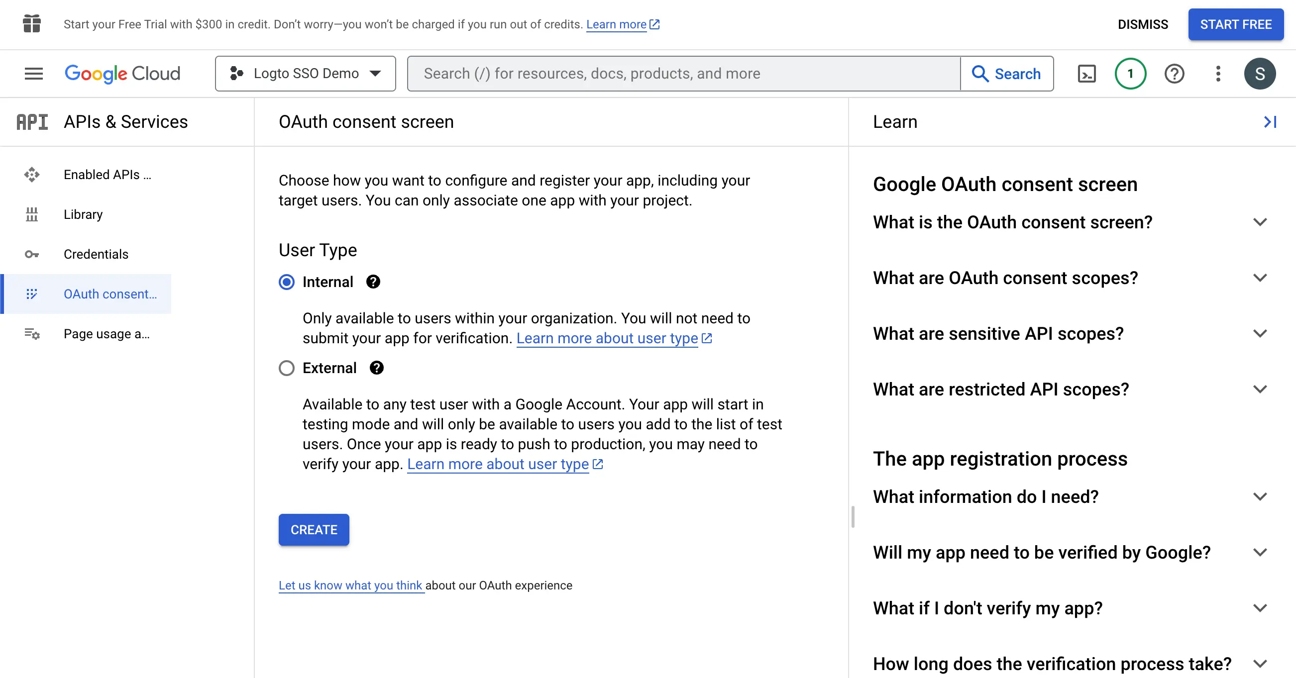 Google Workspace consent screen user type